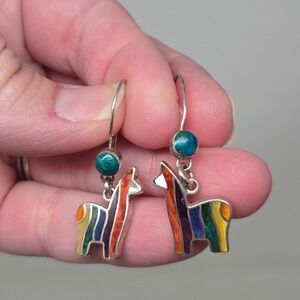 Vintage 950 Sterling Silver Rainbow Inlay Llama Alpaca Drop Earrings Turquoise